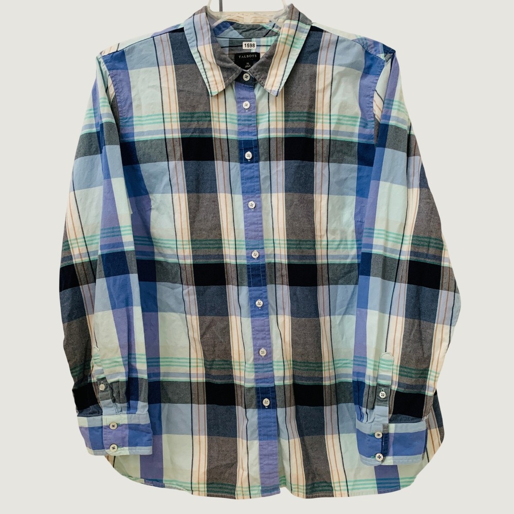 Talbots Button Front Shirt Women's Size XL Blue Plaid Long Sleeve Cotton Top